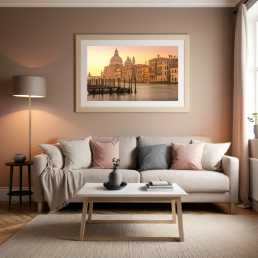 An Art Wall Room Mockup generated with AI for Print On Demand Seller. The mockup features a Modern & Minimalist Style Living Room with a framed photography print of the Venice Grand Canal and the Basilica Santa Maria della Salute at sunrise on the wall