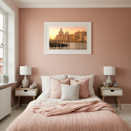 An Art Wall Room Mockup generated with AI for Print On Demand Seller. The mockup features a Modern & Minimalist Style Kids Bedroom with a framed photography print of the Venice Grand Canal and the Basilica Santa Maria della Salute at sunrise on the wall