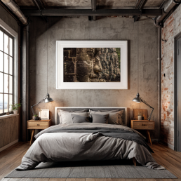 An Art Wall Room Mockup generated with AI for Print On Demand Seller. The mockup features a Industrial Style Bedroom with a framed photography print of the Angkor Wat Bagan temple hanged on the wall