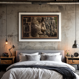 An Art Wall Room Mockup generated with AI for Print On Demand Seller. The mockup features a Industrial Style Bedroom with a framed photography print of the Angkor Wat Bagan temple hanged on the wall