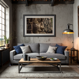 An Art Wall Room Mockup generated with AI for Print On Demand Seller. The mockup features a Industrial Style Living room with a framed photography print of the Angkor Wat Bagan temple hanged on the wall