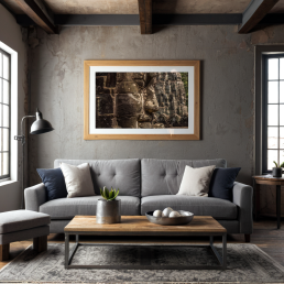 An Art Wall Room Mockup generated with AI for Print On Demand Seller. The mockup features a Industrial Style Living room with a framed photography print of the Angkor Wat Bagan temple hanged on the wall