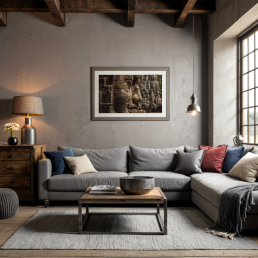 An Art Wall Room Mockup generated with AI for Print On Demand Seller. The mockup features a Industrial Style Living room with a framed photography print of the Angkor Wat Bagan temple hanged on the wall