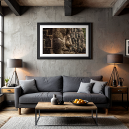 An Art Wall Room Mockup generated with AI for Print On Demand Seller. The mockup features a Industrial Style Living room with a framed photography print of the Angkor Wat Bagan temple hanged on the wall