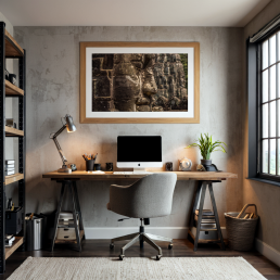 An Art Wall Room Mockup generated with AI for Print On Demand Seller. The mockup features a Industrial Style Home Office Room with a framed photography print of the Angkor Wat Bagan temple hanged on the wall