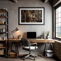 An Art Wall Room Mockup generated with AI for Print On Demand Seller. The mockup features a Industrial Style Home Office Room with a framed photography print of the Angkor Wat Bagan temple hanged on the wall