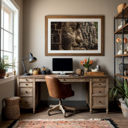 An Art Wall Room Mockup generated with AI for Print On Demand Seller. The mockup features a Bohemian Style Home Office Room with a framed photography print of the Angkor Wat Bagan temple hanged on the wall