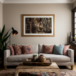 An Art Wall Room Mockup generated with AI for Print On Demand Seller. The mockup features a Bohemian Style Home Living room with a framed photography print of the Angkor Wat Bagan temple hanged on the wall