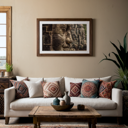 An Art Wall Room Mockup generated with AI for Print On Demand Seller. The mockup features a Bohemian Style Home Living room with a framed photography print of the Angkor Wat Bagan temple hanged on the wall