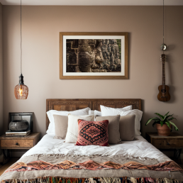 An Art Wall Room Mockup generated with AI for Print On Demand Seller. The mockup features a Bohemian Style Home Bedroom with a framed photography print of the Angkor Wat Bagan temple hanged on the wall