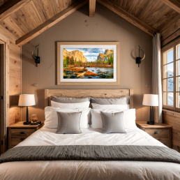 An Art Wall Room Mockup generated with AI for Print On Demand Seller. The mockup features a Mountain Chalet Style Bedroom with a framed photography print of the Yosemite National Park at sunrise hanged on the wall