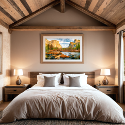 An Art Wall Room Mockup generated with AI for Print On Demand Seller. The mockup features a Mountain Chalet Style Bedroom with a framed photography print of the Yosemite National Park at sunrise hanged on the wall