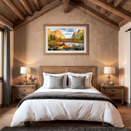An Art Wall Room Mockup generated with AI for Print On Demand Seller. The mockup features a Mountain Chalet Style Bedroom with a framed photography print of the Yosemite National Park at sunrise hanged on the wall
