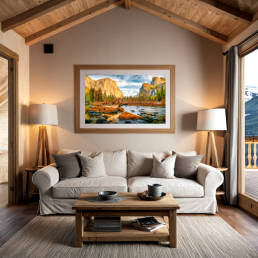 An Art Wall Room Mockup generated with AI for Print On Demand Seller. The mockup features a Mountain Chalet Style Living room with a framed photography print of the Yosemite National Park at sunrise hanged on the wall