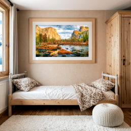 An Art Wall Room Mockup generated with AI for Print On Demand Seller. The mockup features a Mountain Chalet Style Kidsroom with a framed photography print of the Yosemite National Park at sunrise hanged on the wall