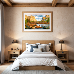An Art Wall Room Mockup generated with AI for Print On Demand Seller. The mockup features a Mountain Chalet Style Bedroom with a framed photography print of the Yosemite National Park at sunrise hanged on the wall