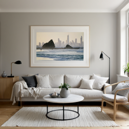 An Art Wall Room Mockup generated with AI for Print On Demand Seller. The mockup features a Modern & Minimalist Style Living room with a framed photography print of the Gold Coast in Australia at sunset on the wall