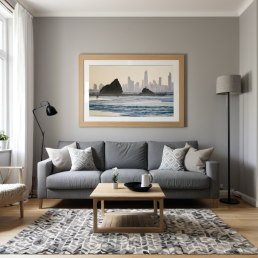An Art Wall Room Mockup generated with AI for Print On Demand Seller. The mockup features a Modern & Minimalist Style Living room with a framed photography print of the Gold Coast in Australia at sunset on the wall