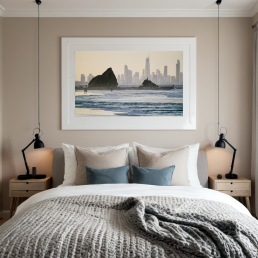 An Art Wall Room Mockup generated with AI for Print On Demand Seller. The mockup features a Modern & Minimalist Style Bedroom with a framed photography print of the Gold Coast in Australia at sunset on the wall