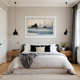 An Art Wall Room Mockup generated with AI for Print On Demand Seller. The mockup features a Modern & Minimalist Style Bedroom with a framed photography print of the Gold Coast in Australia at sunset on the wall