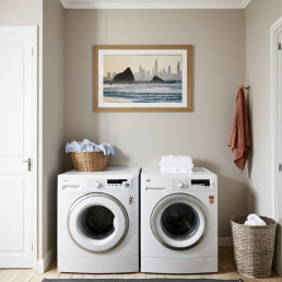 An Art Wall Room Mockup generated with AI for Print On Demand Seller. The mockup features a Modern & Minimalist Style Laundry room with a framed photography print of the Gold Coast in Australia at sunset on the wall