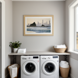 An Art Wall Room Mockup generated with AI for Print On Demand Seller. The mockup features a Modern & Minimalist Style Laundry room with a framed photography print of the Gold Coast in Australia at sunset on the wall