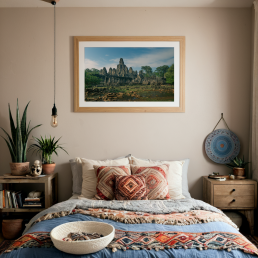 An Art Wall Room Mockup generated with AI for Print On Demand Seller. The mockup features a Bohemian Style Home Bedroom with a framed photography print of the Angkor Wat Bagan temple hanged on the wall