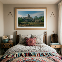 An Art Wall Room Mockup generated with AI for Print On Demand Seller. The mockup features a Bohemian Style Home Bedroom with a framed photography print of the Angkor Wat Bagan temple hanged on the wall