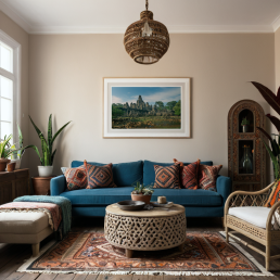 An Art Wall Room Mockup generated with AI for Print On Demand Seller. The mockup features a Bohemian Style Home Living Room with a framed photography print of the Angkor Wat Bagan temple hanged on the wall