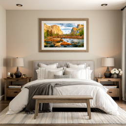 An Art Wall Room Mockup generated with AI for Print On Demand Seller. The mockup features a Modern Farmhouse Style Bedroom with a framed photography print of the Yosemite National Park at sunrise hanged on the wall