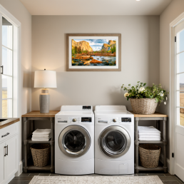 An Art Wall Room Mockup generated with AI for Print On Demand Seller. The mockup features a Modern Farmhouse Style Laundry room with a framed photography print of the Yosemite National Park at sunrise hanged on the wall