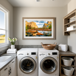 An Art Wall Room Mockup generated with AI for Print On Demand Seller. The mockup features a Modern Farmhouse Style Laundry room with a framed photography print of the Yosemite National Park at sunrise hanged on the wall