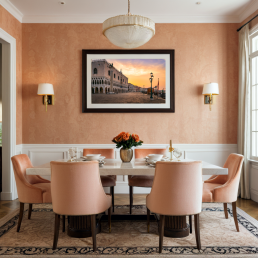 An Art Wall Room Mockup generated with AI for Print On Demand Seller. The mockup features a Contemporary Luxury Style Dining room with a framed photography print of the St. Mark's Square at sunrise hanged on the wall