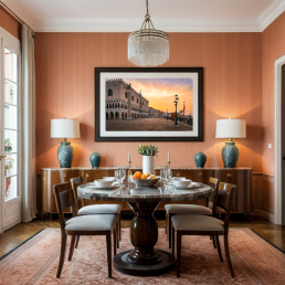 An Art Wall Room Mockup generated with AI for Print On Demand Seller. The mockup features a Contemporary Luxury Style Dining room with a framed photography print of the St. Mark's Square at sunrise hanged on the wall