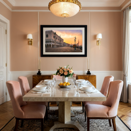 An Art Wall Room Mockup generated with AI for Print On Demand Seller. The mockup features a Contemporary Luxury Style Dining room with a framed photography print of the St. Mark's Square at sunrise hanged on the wall