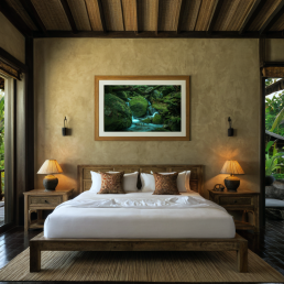 An Art Wall Room Mockup generated with AI for Print On Demand Seller. The mockup features a Balinese Style Home Bedroom with a framed photography print of forest waterfall hanged on the wall