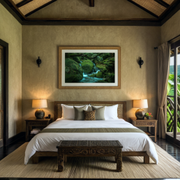 An Art Wall Room Mockup generated with AI for Print On Demand Seller. The mockup features a Balinese Style Home Bedroom with a framed photography print of forest waterfall hanged on the wall