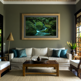 An Art Wall Room Mockup generated with AI for Print On Demand Seller. The mockup features a Balinese Style Home Living Room with a framed photography print of forest waterfall hanged on the wall