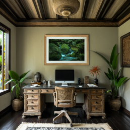 An Art Wall Room Mockup generated with AI for Print On Demand Seller. The mockup features a Balinese Style Home Office Room with a framed photography print of forest waterfall hanged on the wall