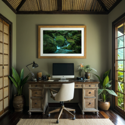 An Art Wall Room Mockup generated with AI for Print On Demand Seller. The mockup features a Balinese Style Home Office Room with a framed photography print of forest waterfall hanged on the wall