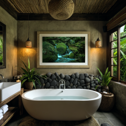 An Art Wall Room Mockup generated with AI for Print On Demand Seller. The mockup features a Balinese Style Bathroom with a framed photography print of forest waterfall hanged on the wall