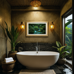 An Art Wall Room Mockup generated with AI for Print On Demand Seller. The mockup features a Balinese Style Bathroom with a framed photography print of forest waterfall hanged on the wall