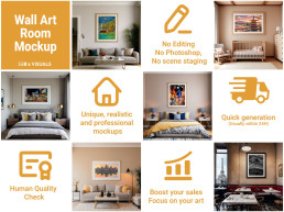 A grid of 6 room mockups and 6 feature icons. Highlights: No editing or Photoshop needed, unique professional mockups, quick 24h generation, and human quality check. Scenes include a cozy nursery, modern bedrooms, and a rustic cafe with wall art.