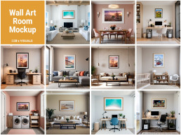 A professional grid of 11 hyper-realistic wall art mockups showcasing various interior design styles, including modern living rooms, minimalist offices, a cozy nursery, and a laundry room. Each scene features a different framed print—ranging from coastal landscapes to Japanese architecture—demonstrating realistic lighting, textures, and shadows. The top-left corner features an orange header with the text 'Wall Art Room Mockup' and the 'SEB's VISUALS' logo.