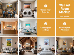 Collage of room mockups with a 3-step guide: 1. Upload your Print file, 2. Choose your settings, 3. Receive your Mockups. Interiors shown include a laundry room, a wood-beamed cabin, and a luxury dining room, all displaying framed wall art.
