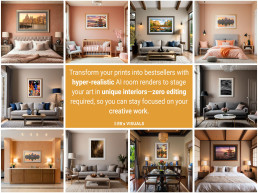 Collage of 10 hyper-realistic room interiors like living rooms, bedrooms, and a nursery, each with a framed art print. Central text: