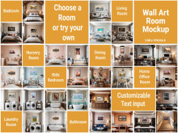 Wall art room mockup bundle featuring various interior scenes including living room, bedroom, nursery, dining room, home office, laundry room, and bathroom. A grid display of customizable digital interior templates for Etsy sellers to showcase art prints and photography in realistic home settings.