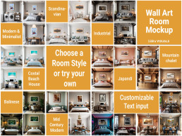 A comprehensive grid of AI-generated room mockups for wall art staging. The image features various interior design styles including Scandinavian, Industrial, Mountain Chalet, Coastal Beach House, Japandi, Balinese, and Mid Century Modern. Each style shows examples of artwork framed in realistic living rooms, bedrooms, offices, and bathrooms to help Etsy sellers visualize their prints in different home settings.