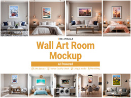 Collage of 9 realistic room mockups including living rooms, bedrooms, and a laundry room. Each features a framed art print on neutral walls. Central gold text reads