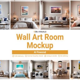 Collage of 9 realistic room mockups including living rooms, bedrooms, and a laundry room. Each features a framed art print on neutral walls. Central gold text reads 